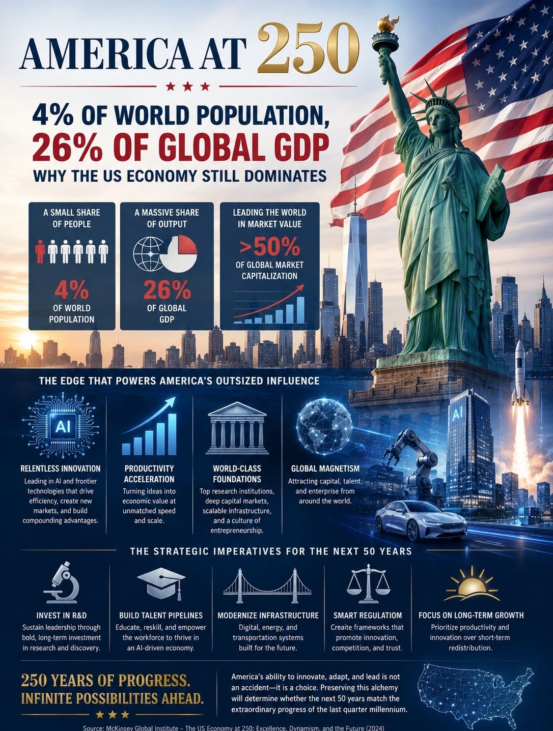 America at 250 infographic — 4% of world population, 26% of global GDP, >50% of global market capitalization. Four durable edges: innovation, productivity, foundations, magnetism. McKinsey Global Institute 2024.