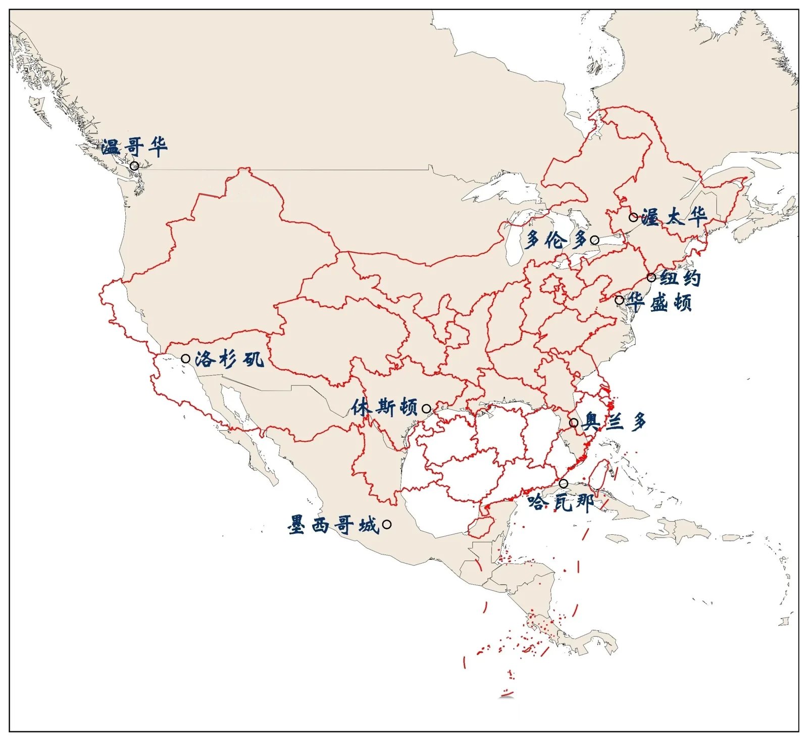 Approximate latitude alignment of North American and Chinese cities — Vancouver near Hulunbuir, New York and Washington near Beijing, Los Angeles near Xi'an, Houston near Shanghai and Hangzhou, Havana near the Fujian-Guangdong coast, Mexico City near Hainan.