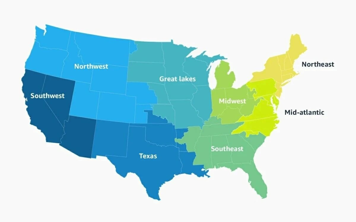 Amazon's 8-region US Operations Map