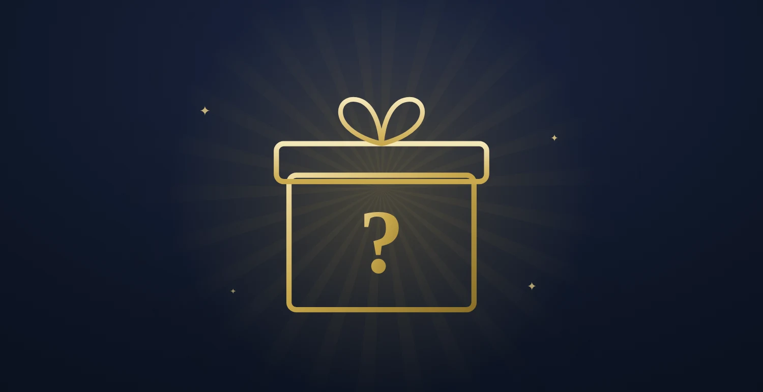 Gold gift box outline with a question mark on it, representing the mystery gift given with any purchase at the Cube-Age pop-up sale