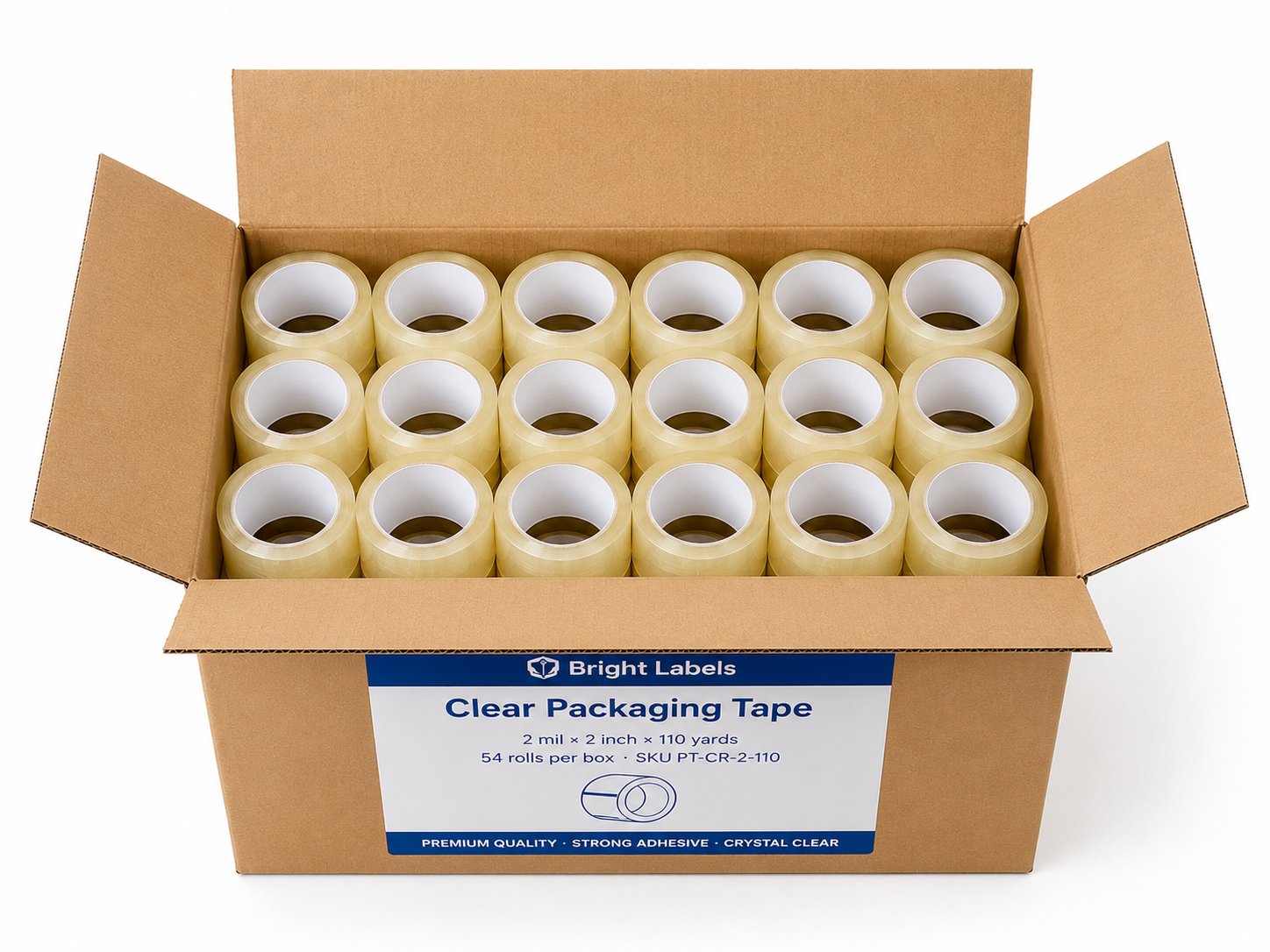 Open box showing 54 rolls of clear packaging tape