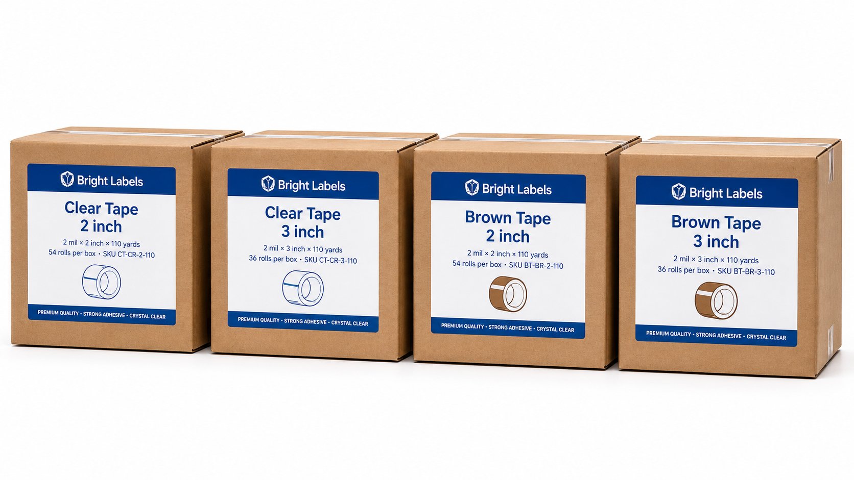 Bright Labels Packaging Tape — 4 SKU variants (Clear & Brown × 2/3 inch)