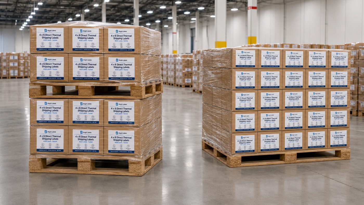 Warehouse pallets of Bright Labels stock