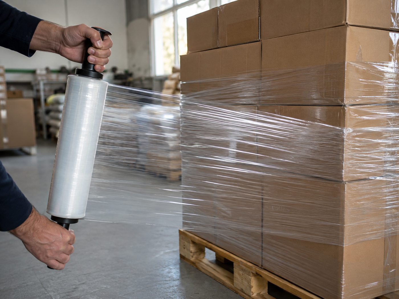 Hand wrapping a pallet