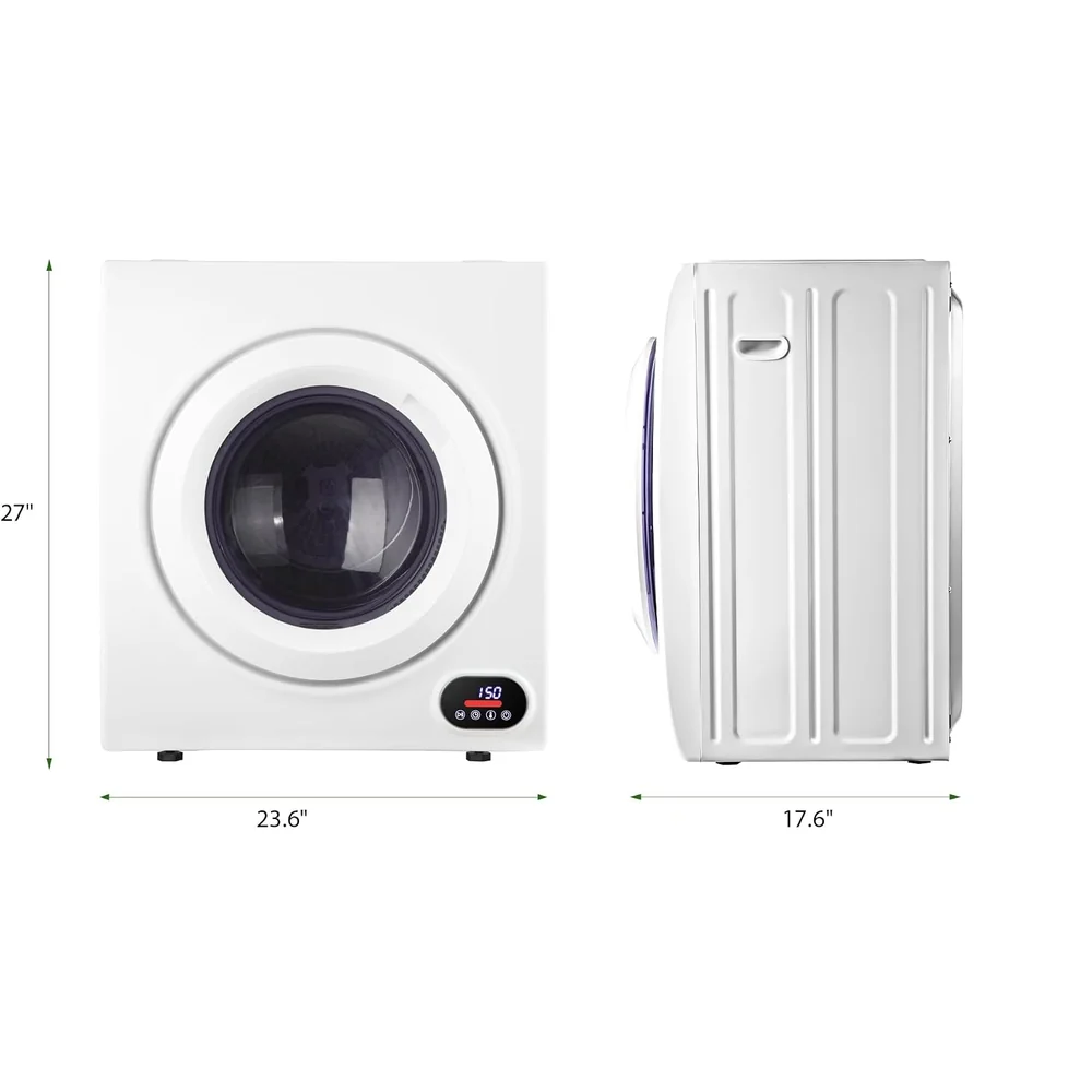 A compact vented clothes dryer, front and side view