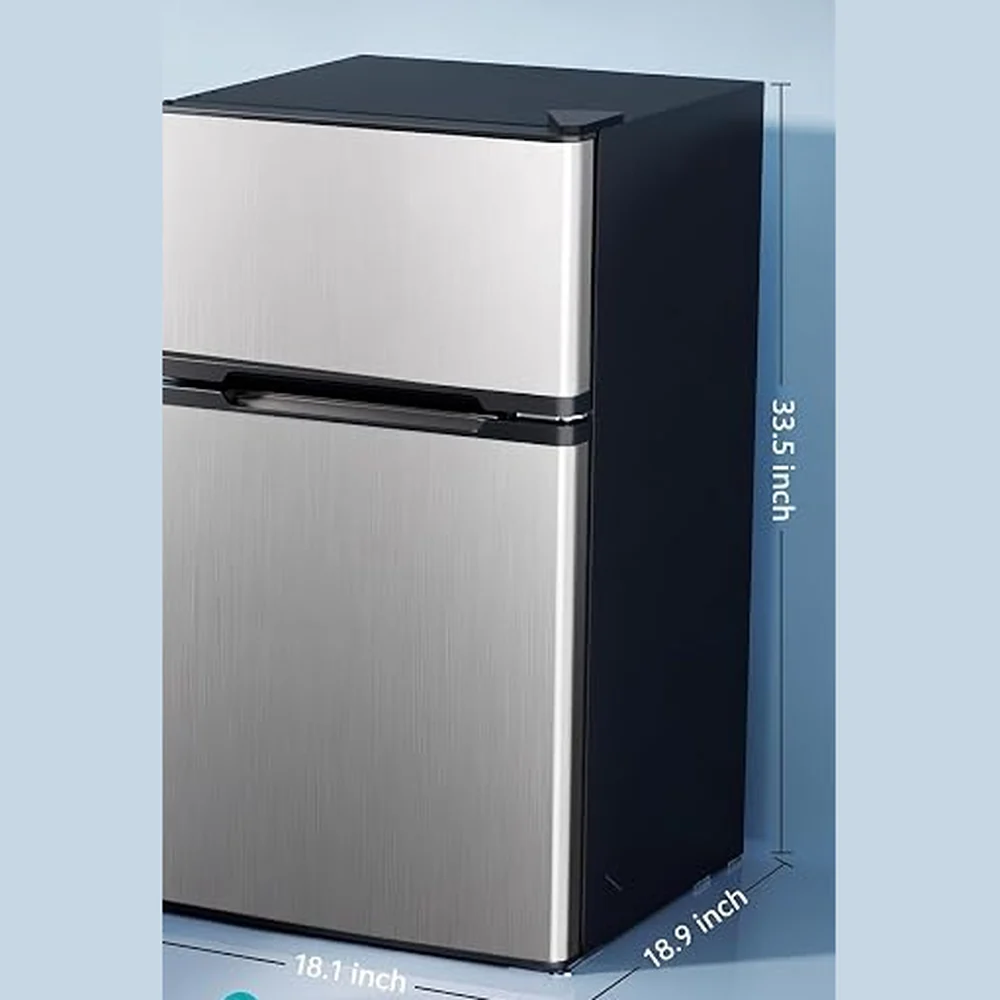 A two-door mini fridge with a separate freezer compartment