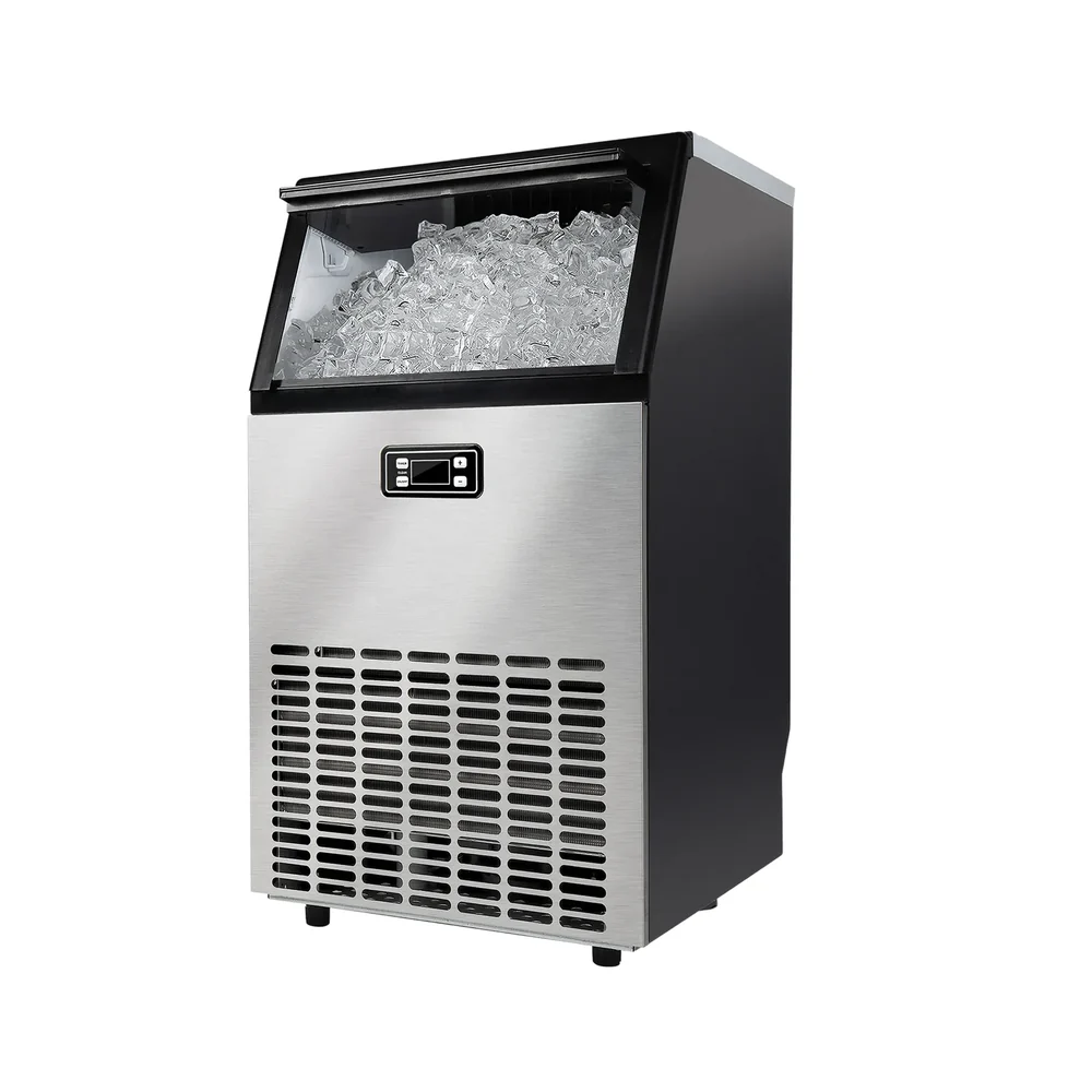 A stainless steel ice maker with the lid open, full of ice