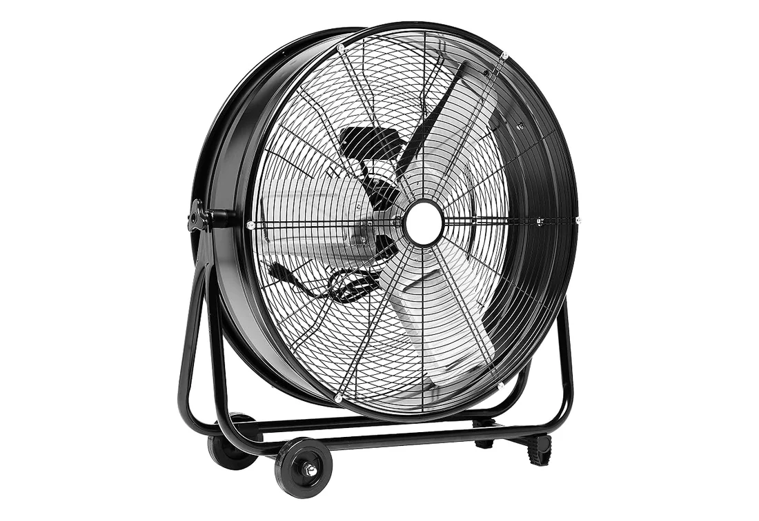 24-inch high-velocity drum floor fan on wheels, black