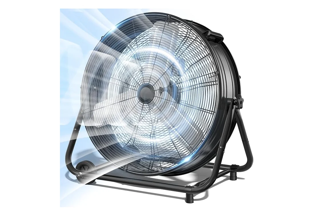 30-inch high-velocity drum floor fan on wheels, black