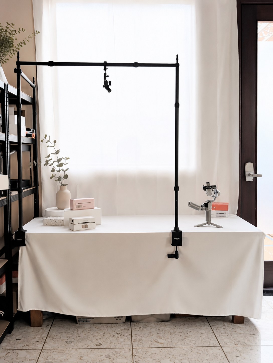 Product photography table — overhead boom rig