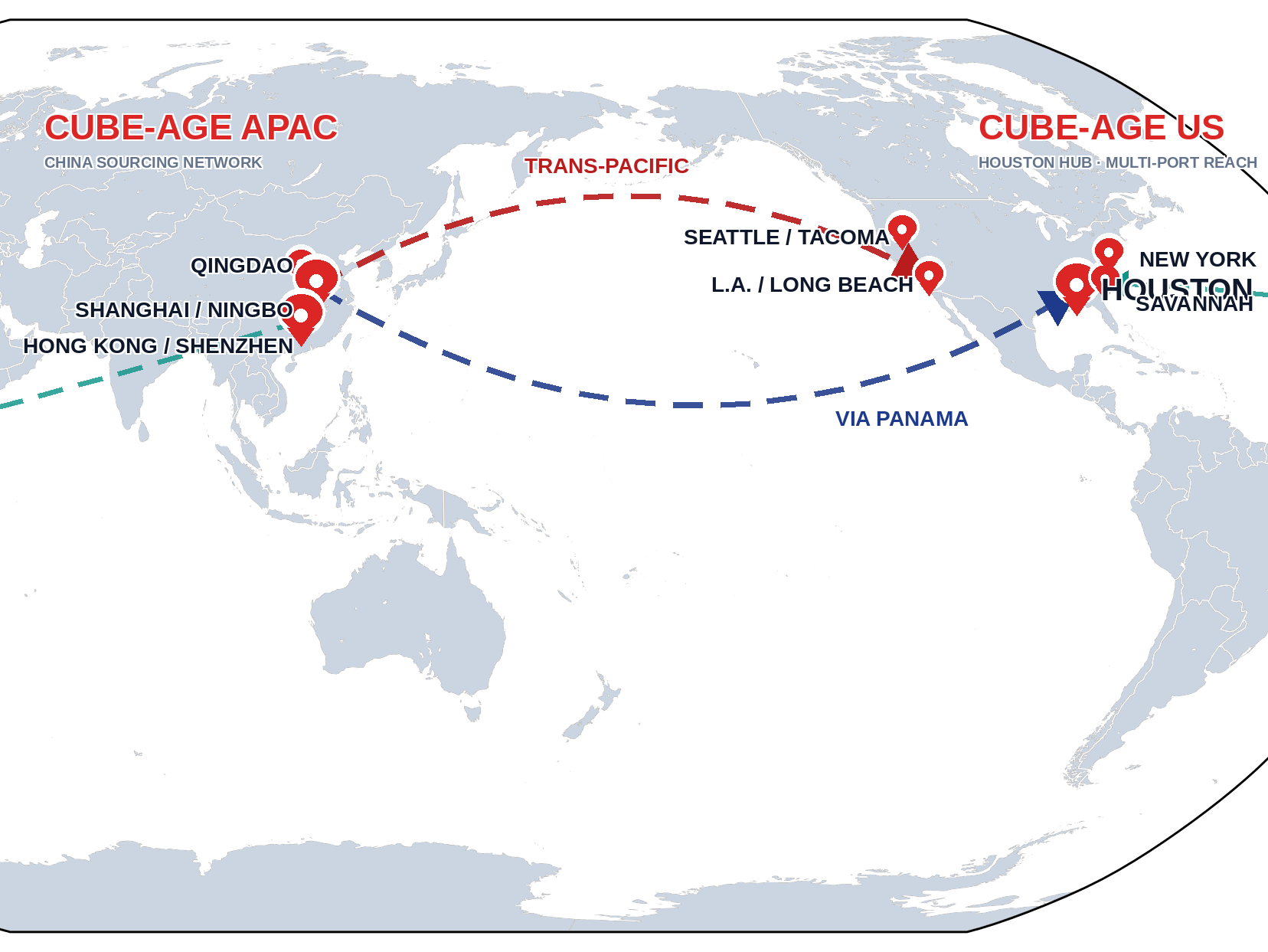 Pacific-centered world map — China and U.S. corridor