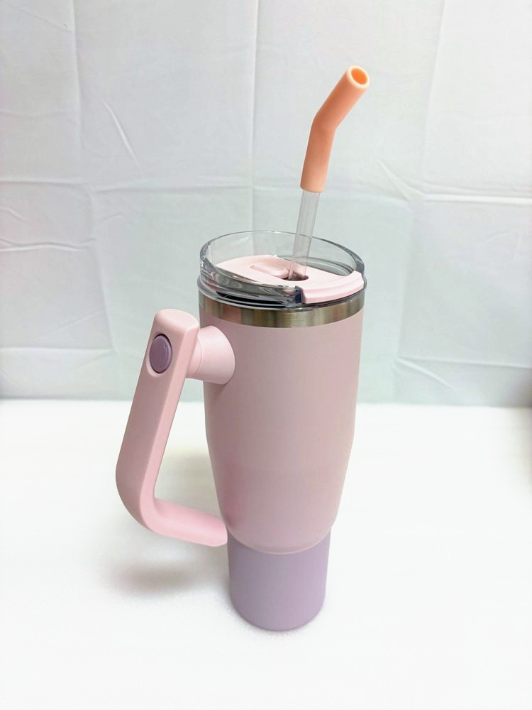 Stainless steel tumbler with handle, pink and lilac