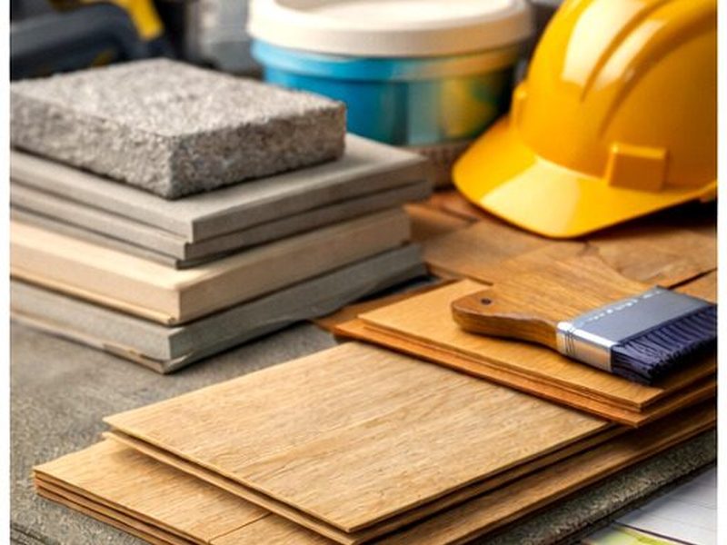 Stone, tile and plywood samples with a hard hat on a workbench