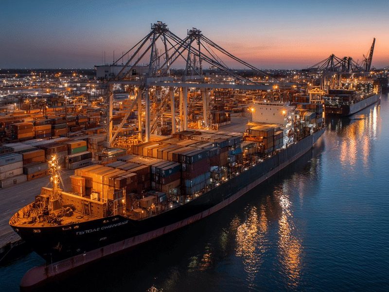 A container ship and gantry cranes at the Port of Houston at dusk