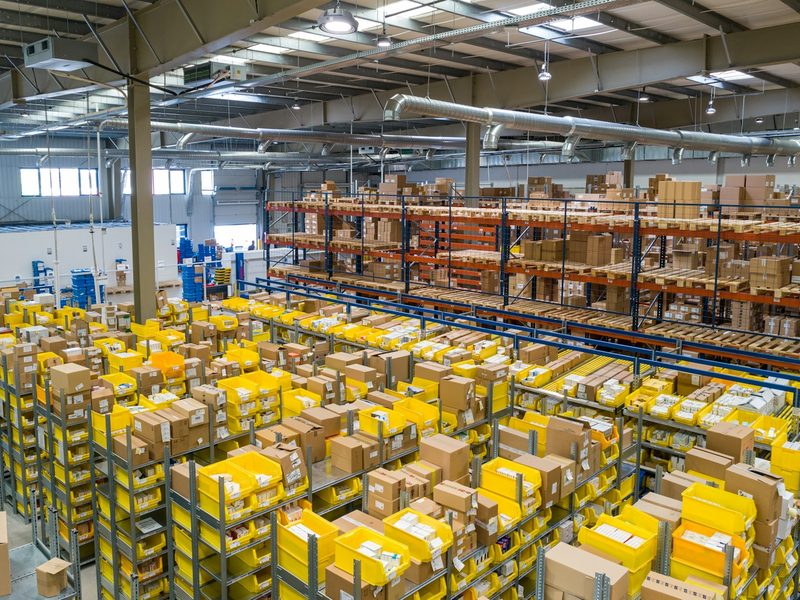 Pallet racking stacked with boxed goods in a distribution warehouse