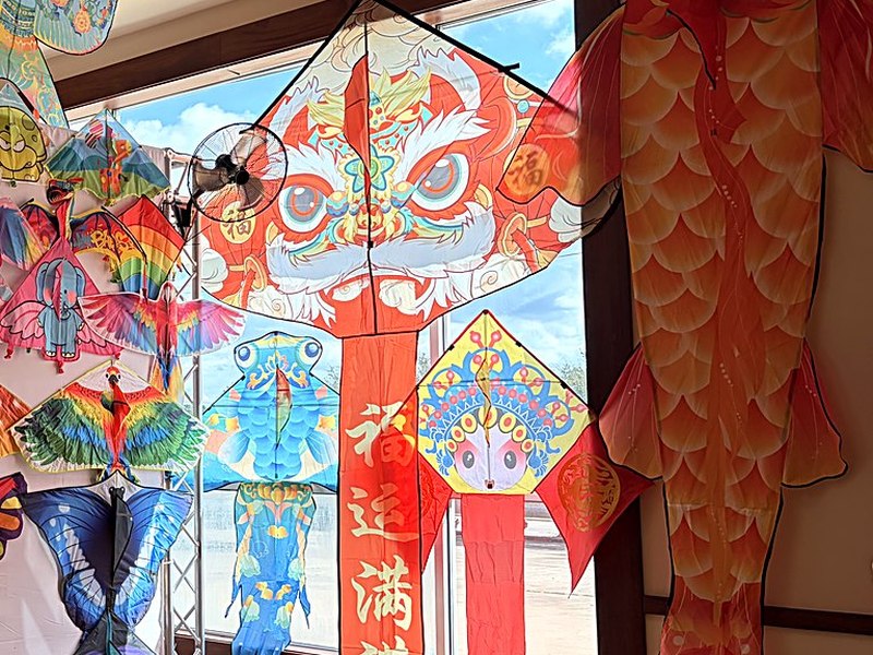 Kites hung across a showroom wall at our Houston hub