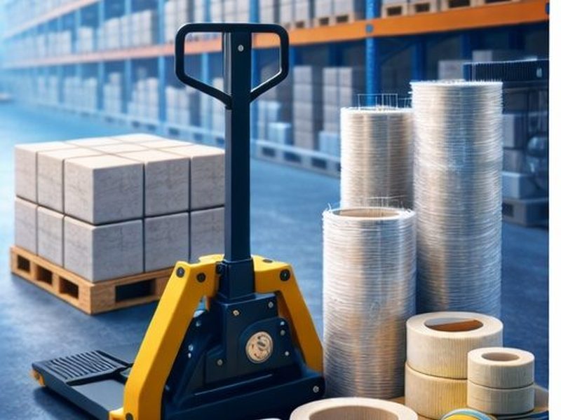 A pallet jack beside rolls of stretch film and packaging tape
