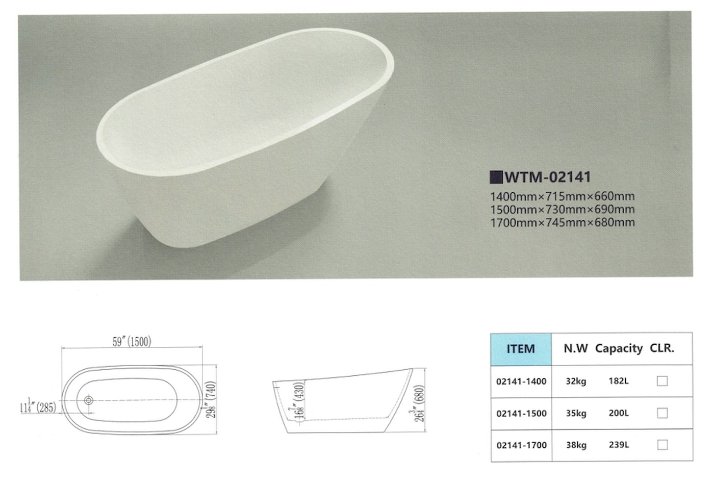 Dimensional drawing for Waltmal WTM-02141, with plan and section views and a table of net weight and capacity
