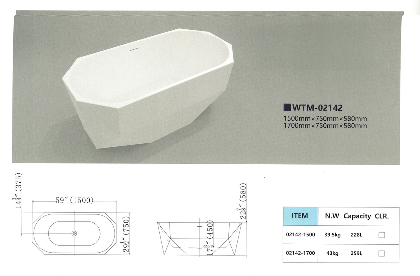 Dimensional drawing for Waltmal WTM-02142, with plan and section views and a table of net weight and capacity