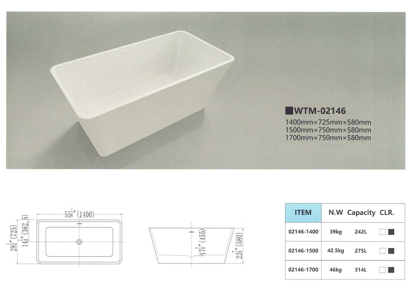 Dimensional drawing for Waltmal WTM-02146, with plan and section views and a table of net weight and capacity