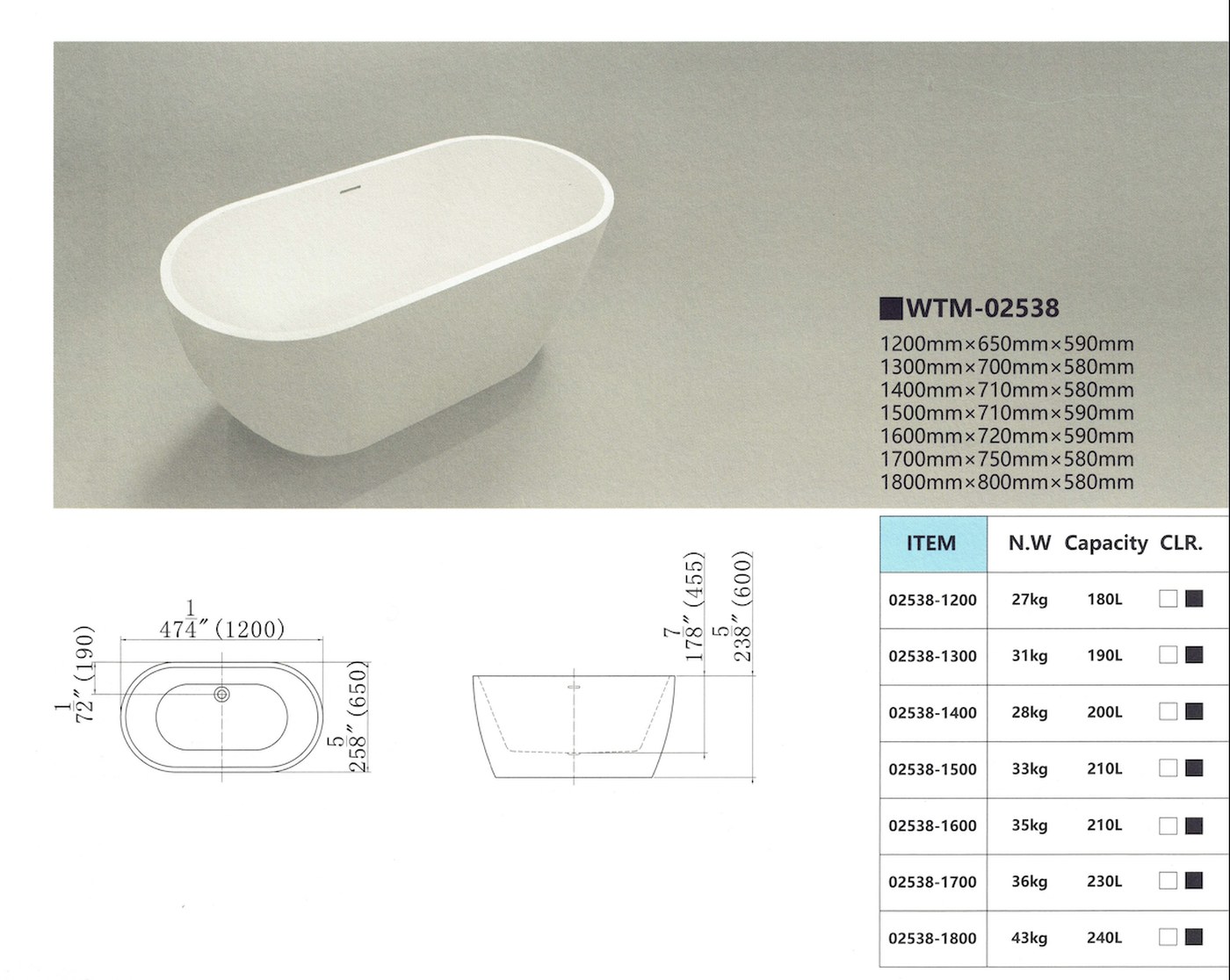 Dimensional drawing for Waltmal WTM-02538, with plan and section views and a table of net weight and capacity