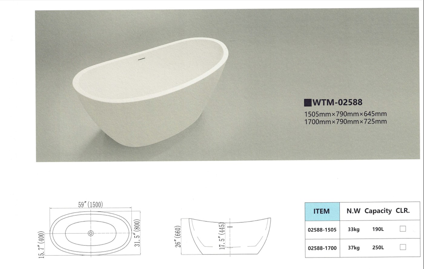 Dimensional drawing for Waltmal WTM-02588, with plan and section views and a table of net weight and capacity