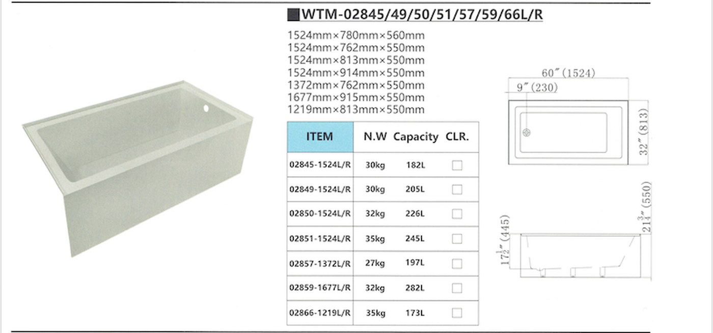 Dimensional drawing for Waltmal WTM-02845/49/50/51/57/59/66 L/R, with plan and section views and a table of net weight and capacity