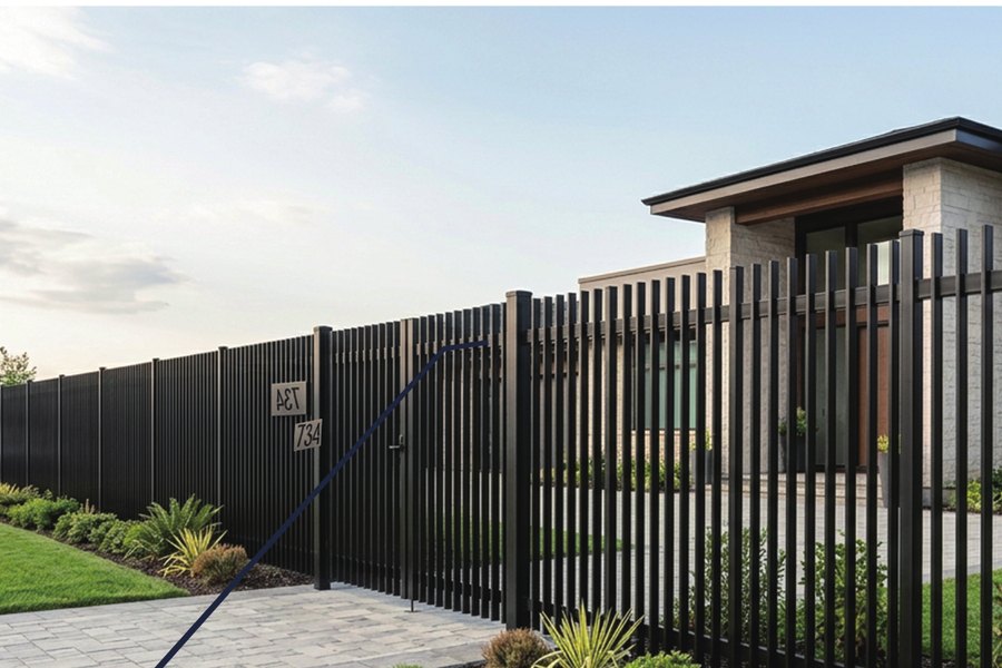 3D vertical blade steel fence along a footpath