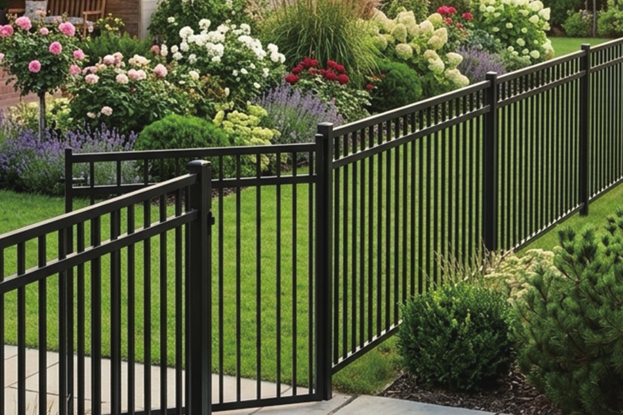Flat top flat bottom steel fence beside a flower bed