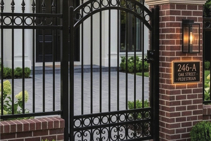 European-inspired ornamental iron gate between brick columns