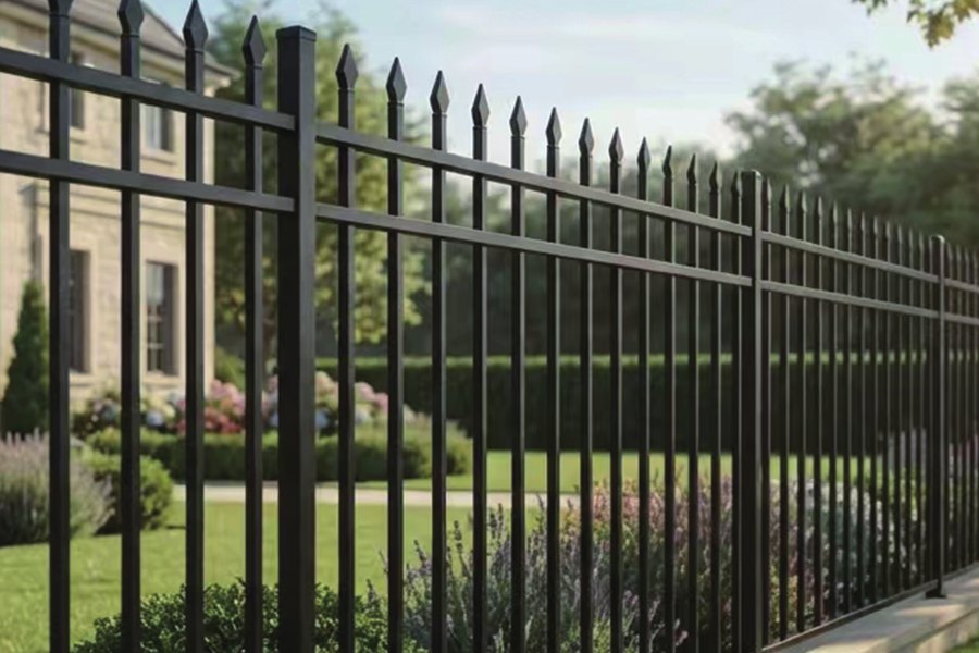 Pressed spear fence with a flat bottom rail