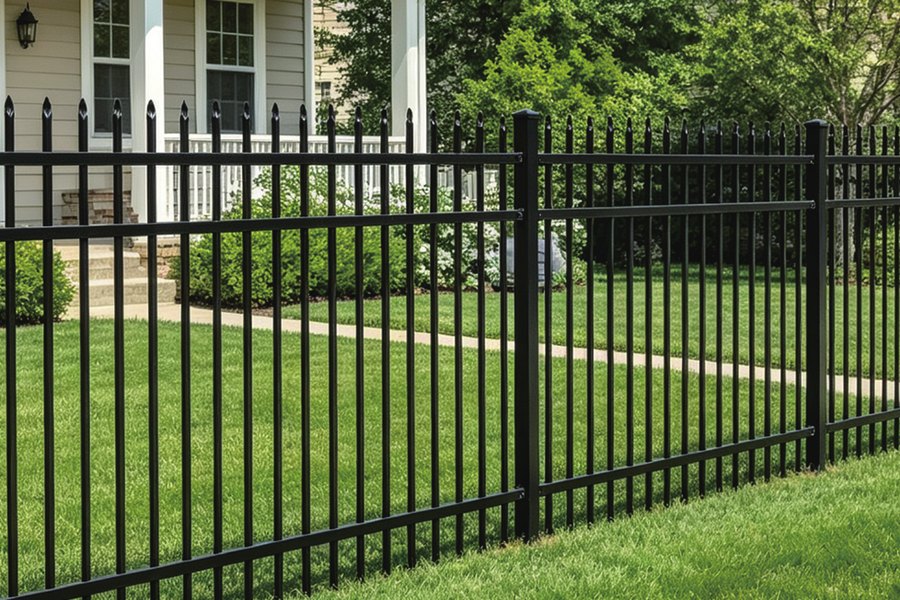 Pressed spear steel fence along a lawn