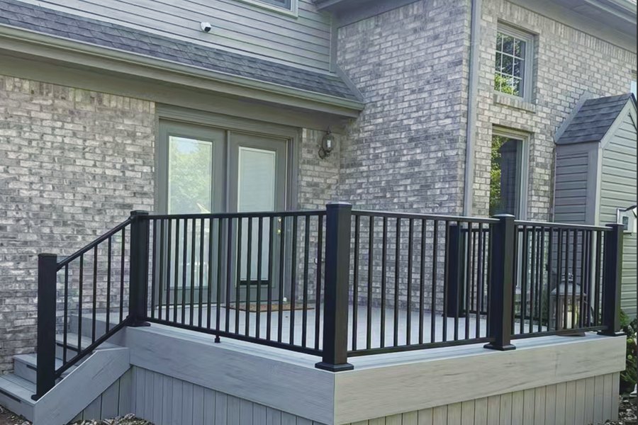 Steel balustrade railing on a raised deck
