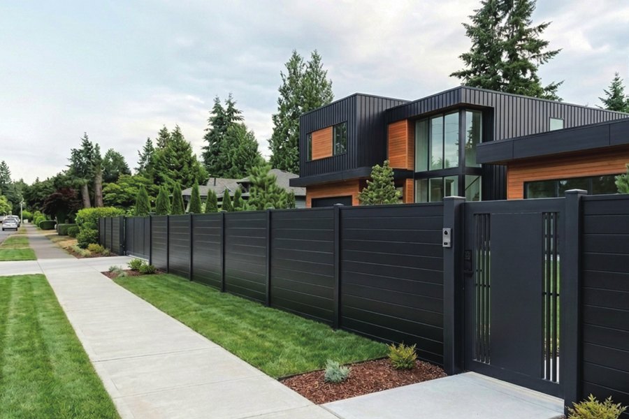 Horizontal slat steel fence in front of a modern house