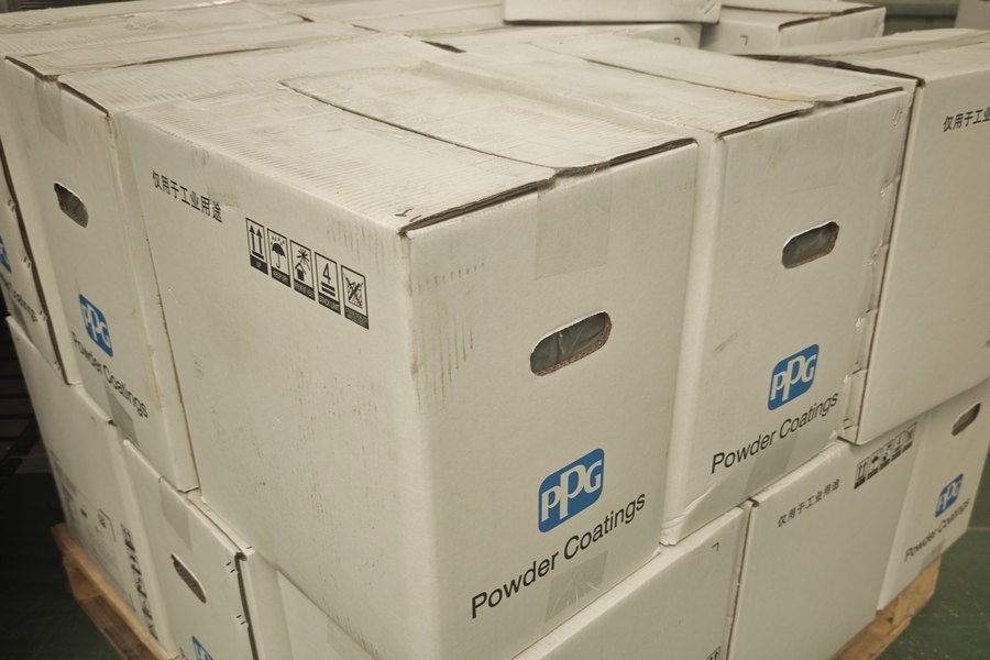 Pallet of PPG powder coating stock on the plant floor