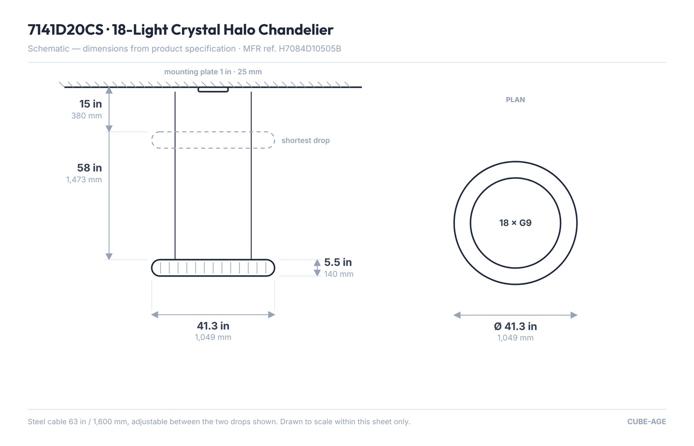 18-Light Crystal Halo Chandelier dimensional drawing