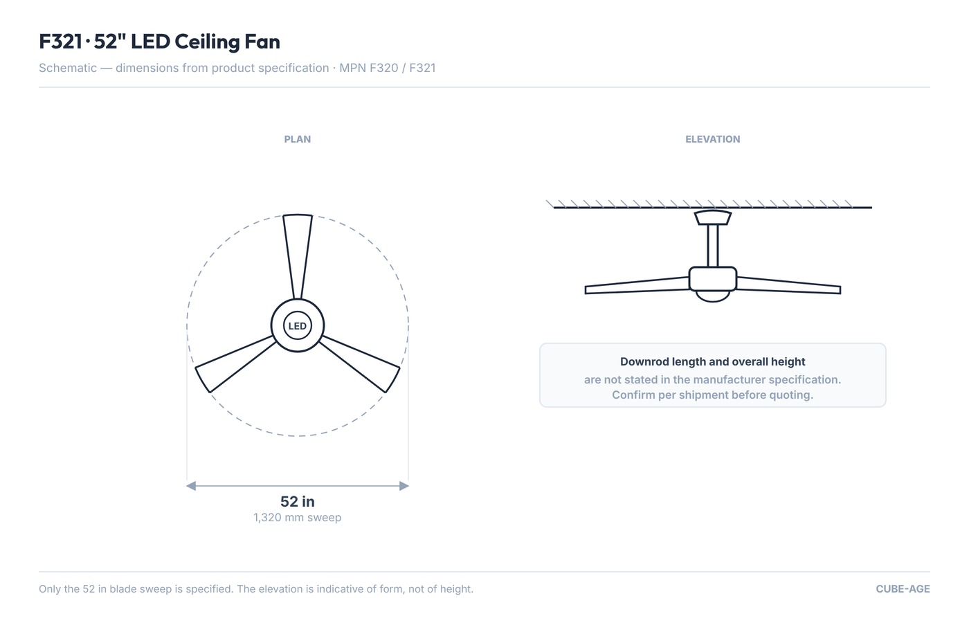 52" LED Ceiling Fan dimensional drawing