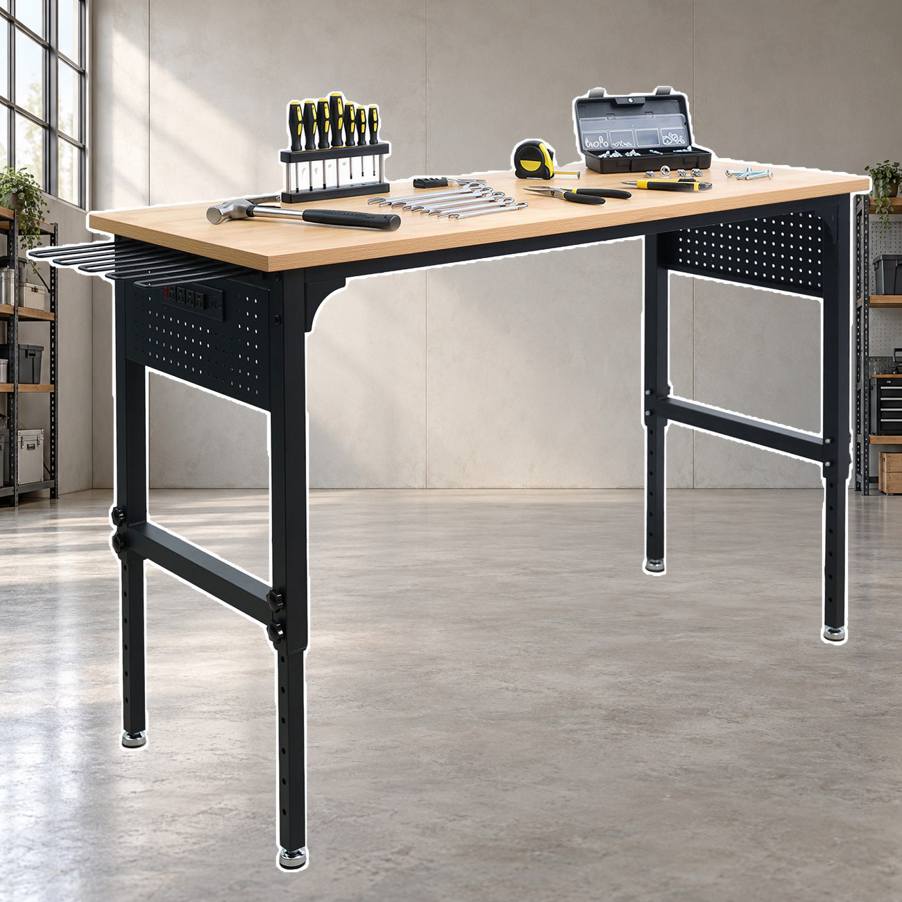 An adjustable-height workbench with a perforated back panel