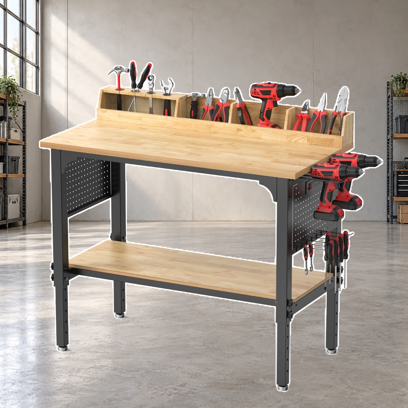 A long workbench with a tool rack along the back edge