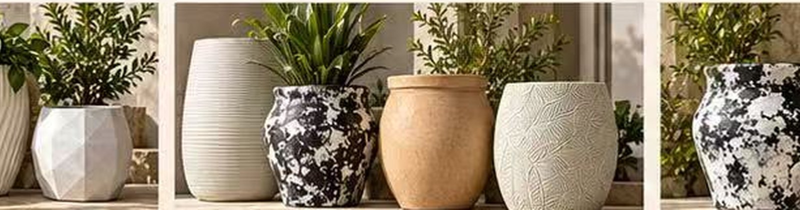 Magnesium oxide planters arranged on shelving and a terrace