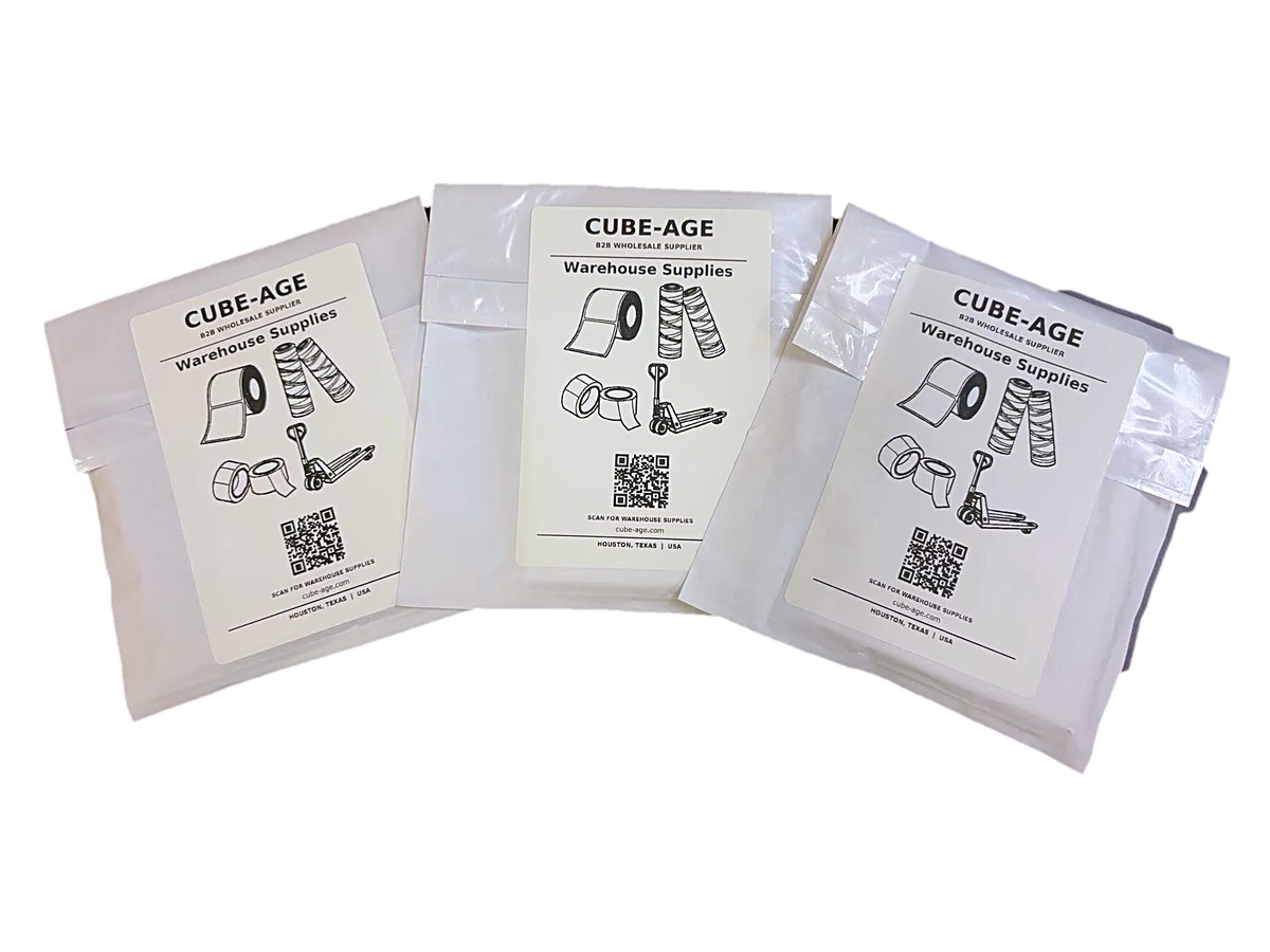 Three 500-label retail packs of Bright Labels 4x6 direct thermal labels, each sealed in a poly bag with the Cube-Age Warehouse Supplies label