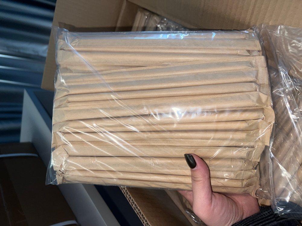 A sealed bag of paper-wrapped bamboo drinking straws held in our Houston warehouse