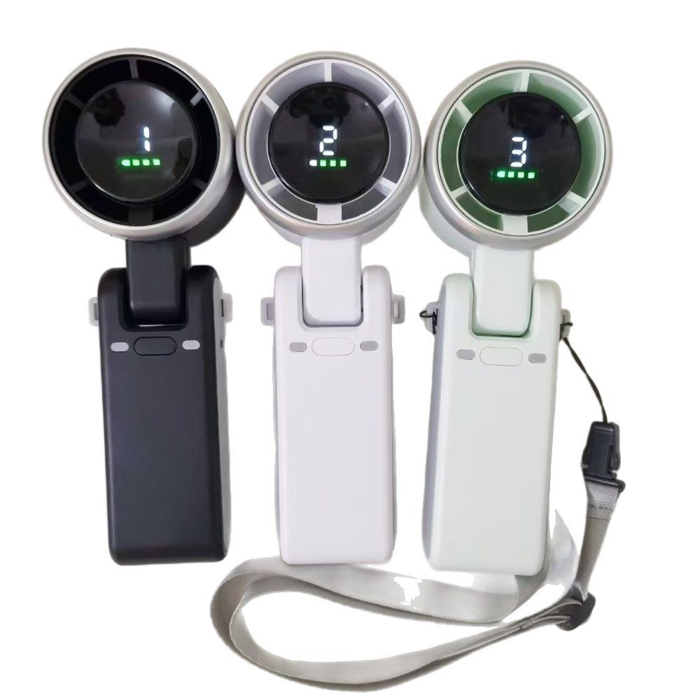 Three foldable handheld fans with lanyards, each showing a speed number on the display