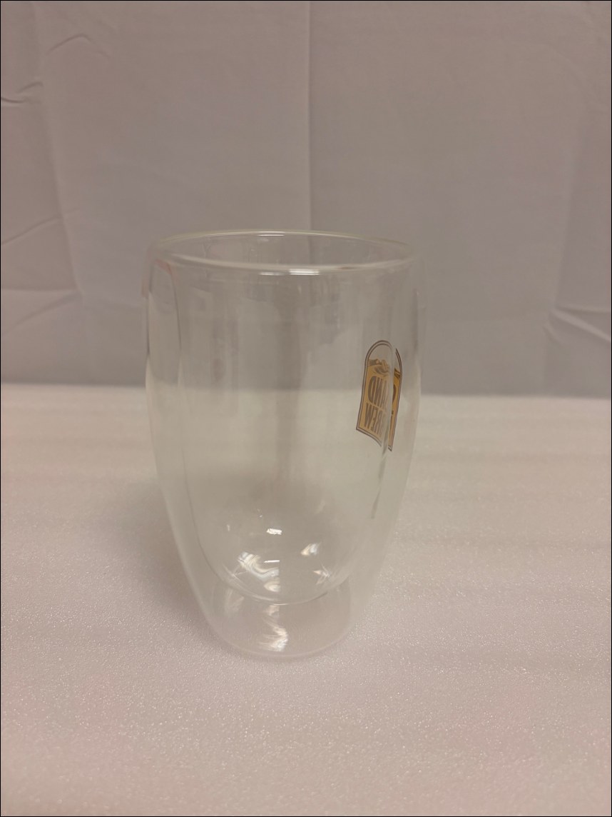A tall double-wall glass cup, large size