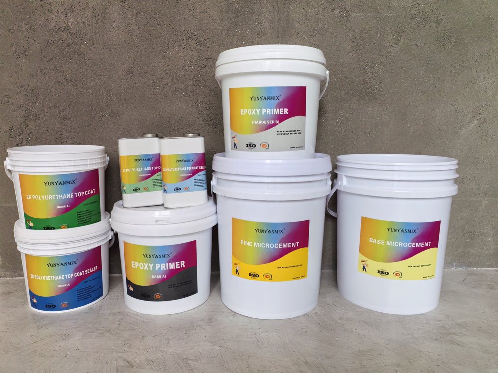 Buckets and rolls of the microcement wall and floor system
