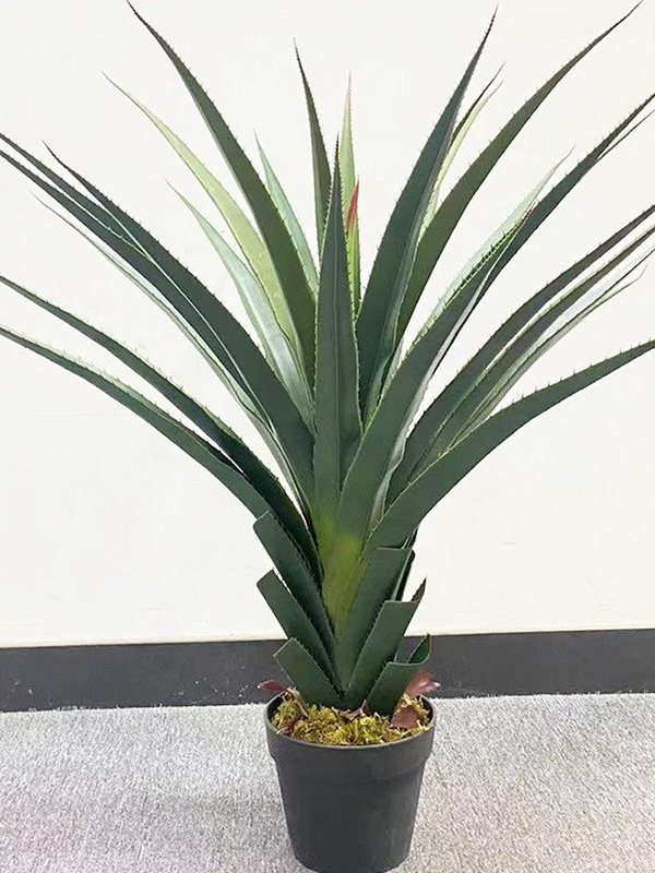 An artificial agave in a black pot